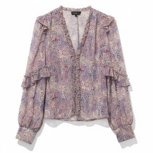 NWT Generation Love Elena Mosaic Paisley V-Neck Blouse, Sheer, Blue and Pink, L